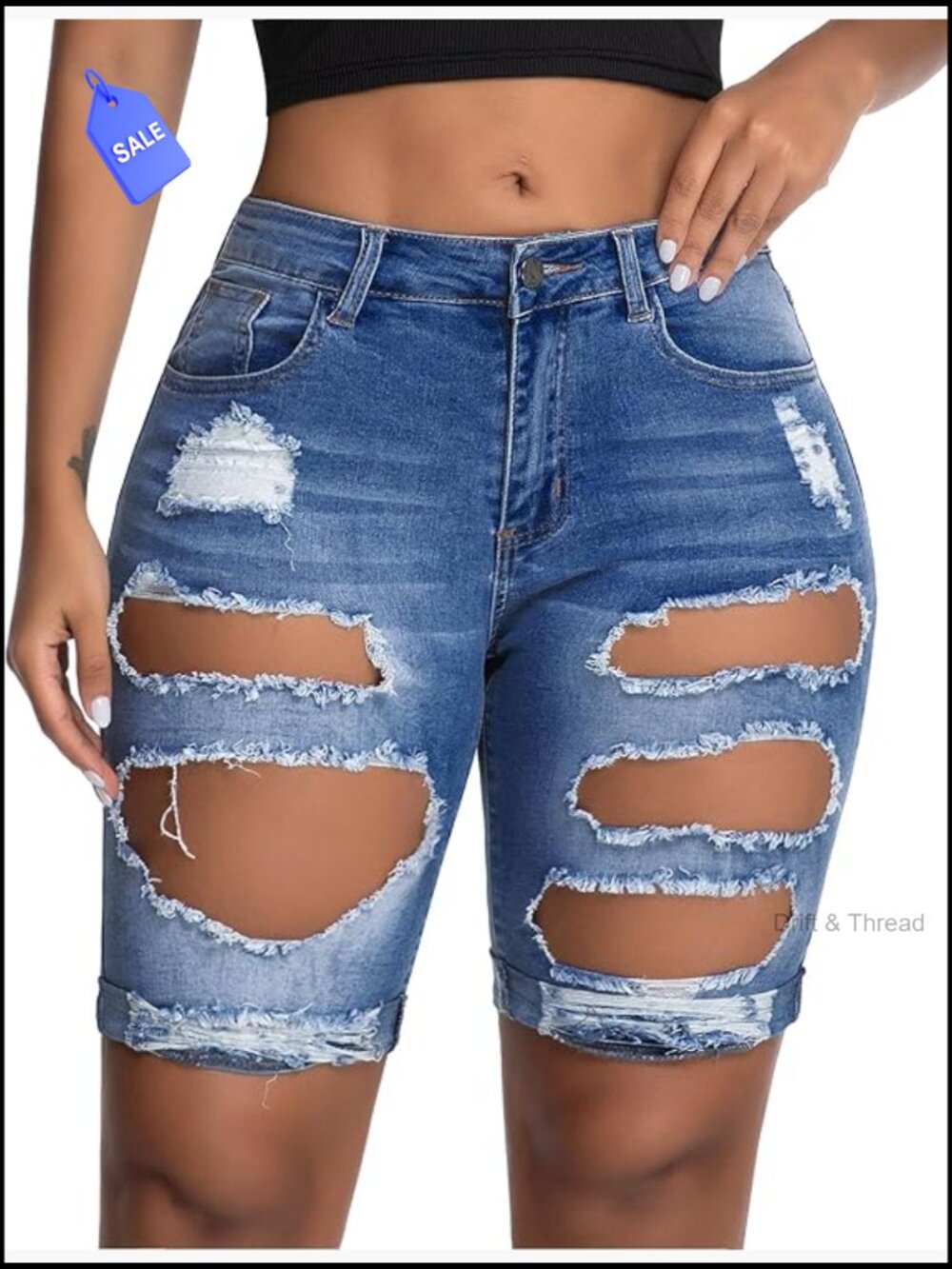 Mid Rise Stretchy Denim Bermuda Shorts with Distressed Details